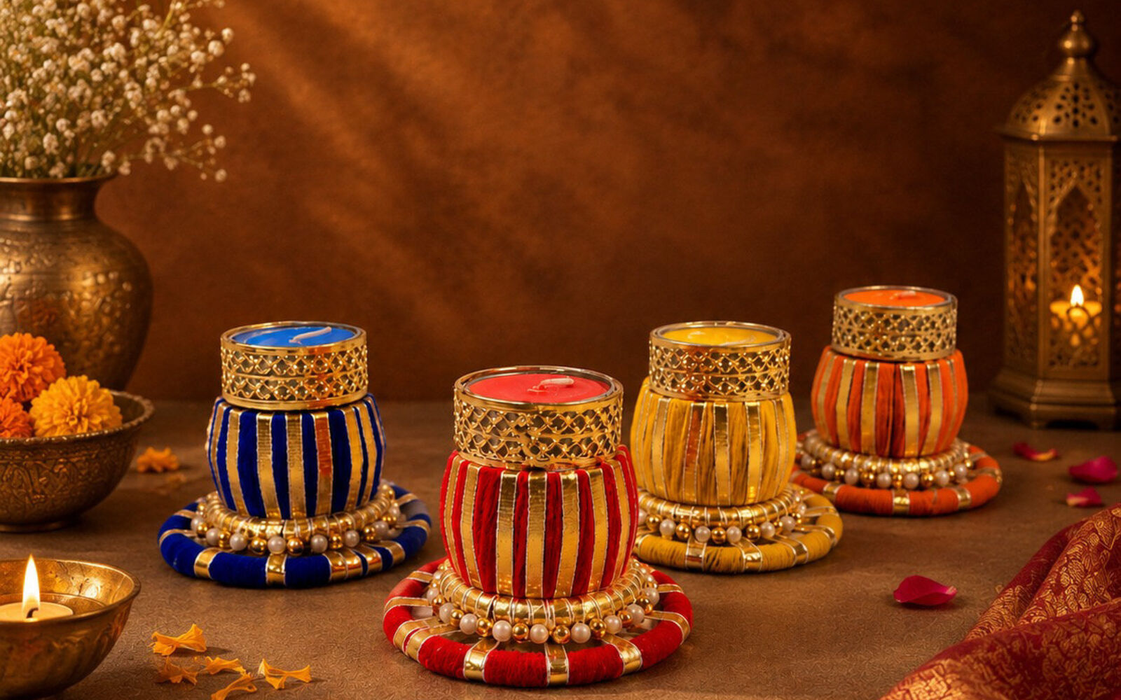 Kundan lantern tealight holders lit on a festive table